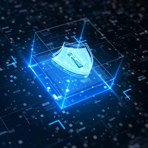 Cybersecurity shield with a keyhole on a digital network representing advanced cyber risk management and data security.