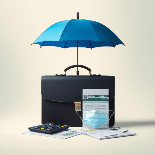 "Blue umbrella sheltering a black briefcase with financial documents, calculator, and face mask, representing errors and omissions insurance protection