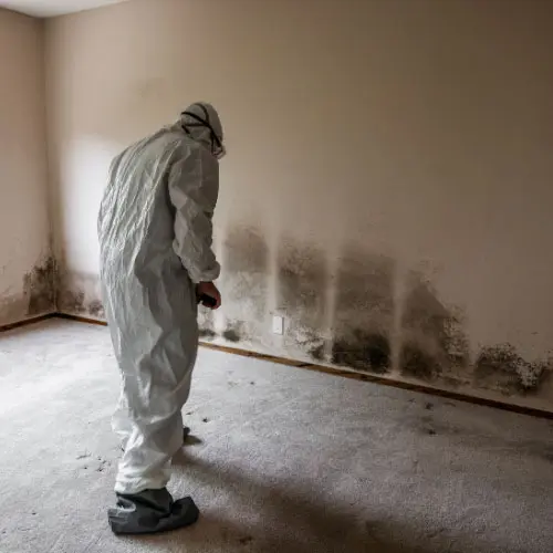 Mold remediation specialist inspecting toxic mold damage inside a home, representing mold assessment, environmental hazards, property restoration, and toxic mold risk management.