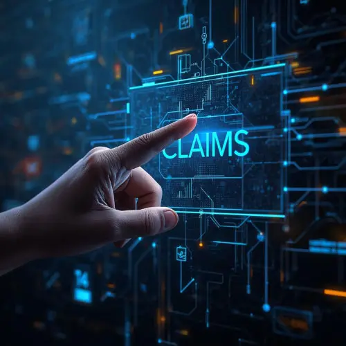 Hand touching a digital 'Claims' interface on a futuristic tech screen, representing modern insurance claims processing
