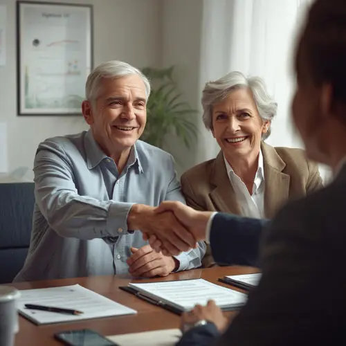 Senior couple shaking hands with an insurance professional, representing ethics in the senior market, client trust, regulatory compliance, and responsible insurance practices.