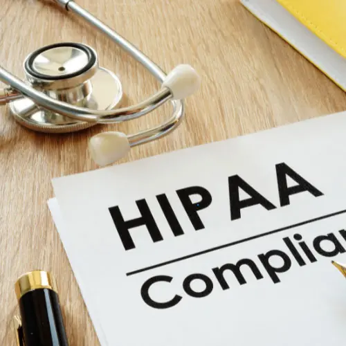 HIPAA compliance document with a stethoscope representing healthcare privacy, patient data protection, HIPAA regulations, and medical compliance.