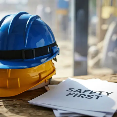Blue and yellow hard hats beside a 'Safety First' document on a wooden surface at a construction site, representing loss control practices