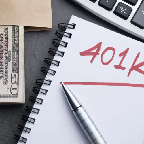 A financial planning layout showing a notebook marked '401k' next to cash and a calculator, illustrating executive bonus or non-qualified retirement plans.