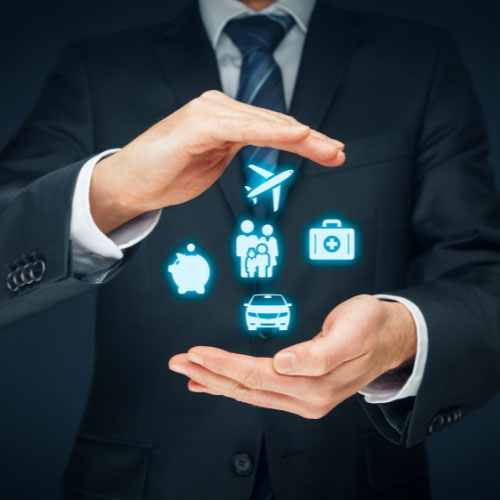 Business professional protecting icons representing personal lines insurance, including auto, health, travel, family, financial protection, and insurance coverage.